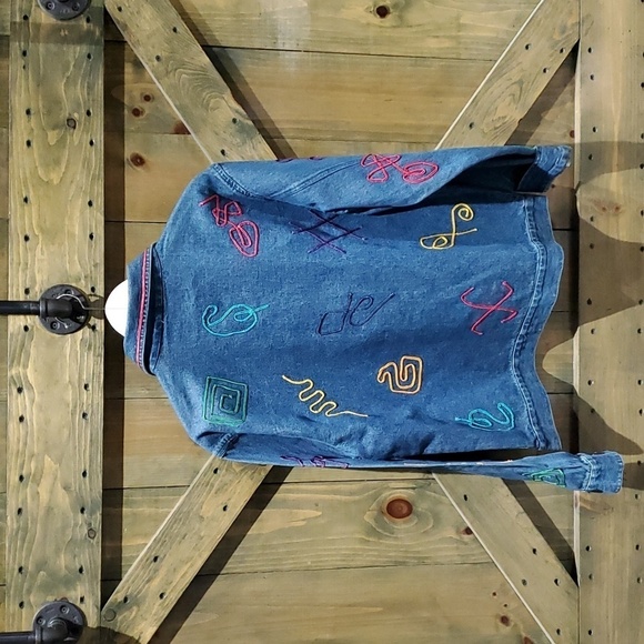 VINTAGE JEAN DENIM SHACKET BUTTONDOWN SHIRT LARGE 80s 90s ART DECO EMBROIDERED - Picture 2 of 6